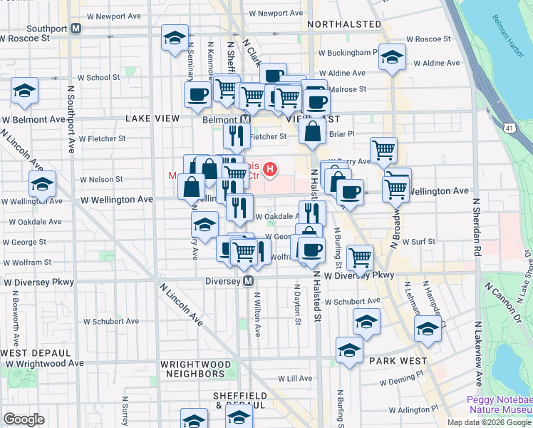 map of restaurants, bars, coffee shops, grocery stores, and more near 928c West Oakdale Avenue in Chicago