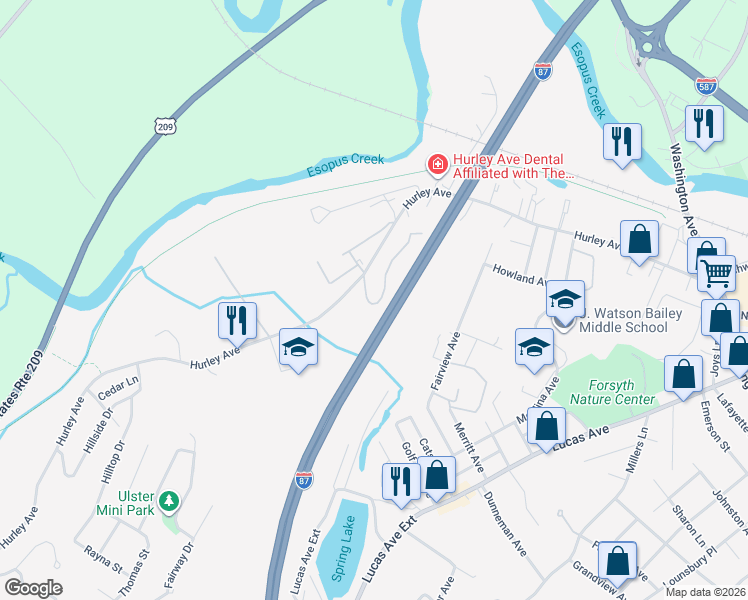 map of restaurants, bars, coffee shops, grocery stores, and more near 217 Village Court in Kingston