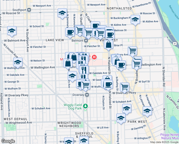 map of restaurants, bars, coffee shops, grocery stores, and more near 928c West Oakdale Avenue in Chicago