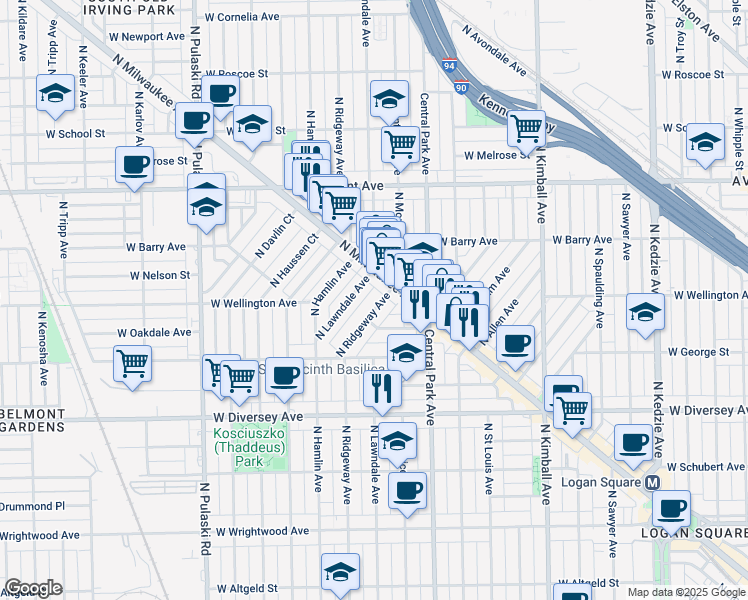 map of restaurants, bars, coffee shops, grocery stores, and more near 2976 North Ridgeway Avenue in Chicago