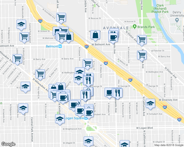 map of restaurants, bars, coffee shops, grocery stores, and more near 2954 North Troy Street in Chicago