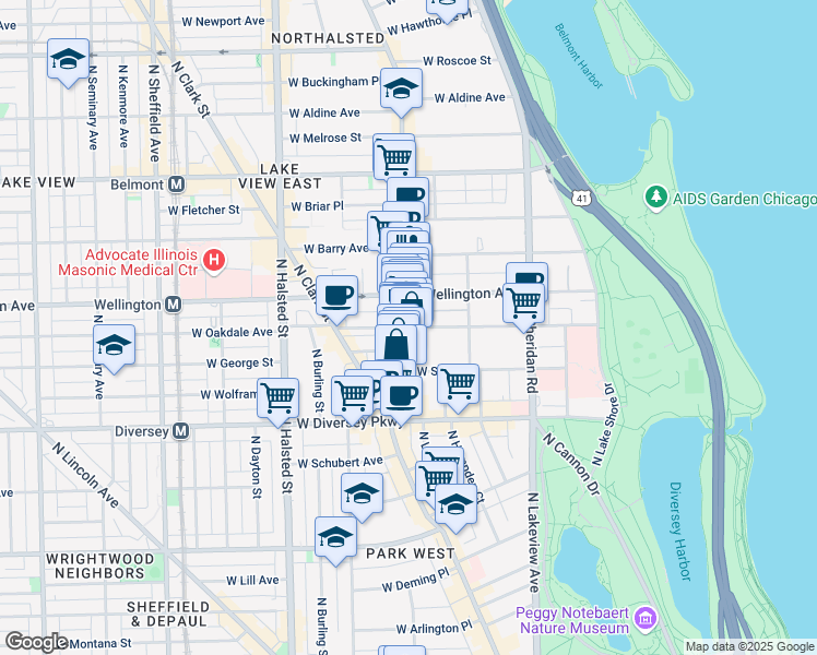 map of restaurants, bars, coffee shops, grocery stores, and more near 2919 North Broadway Street in Chicago