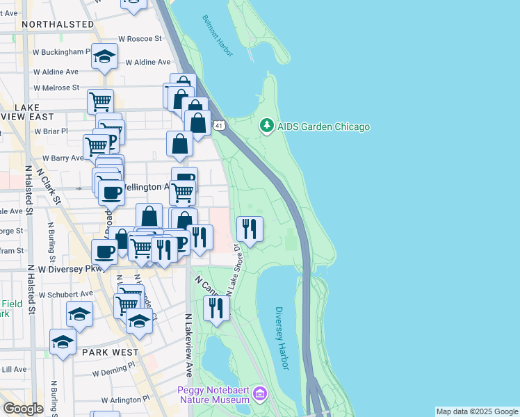 map of restaurants, bars, coffee shops, grocery stores, and more near 2800 North Lake Shore Drive in Chicago