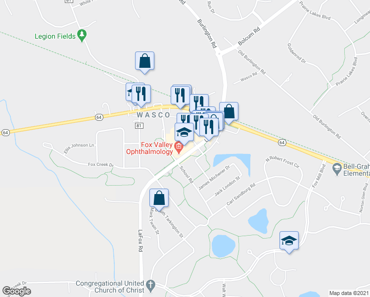 map of restaurants, bars, coffee shops, grocery stores, and more near 40W310 LaFox Road in St. Charles