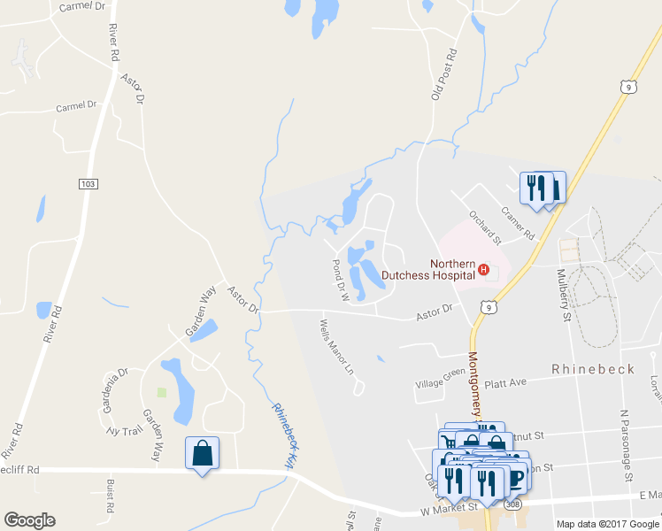 map of restaurants, bars, coffee shops, grocery stores, and more near 14 Pond Drive West in Rhinebeck