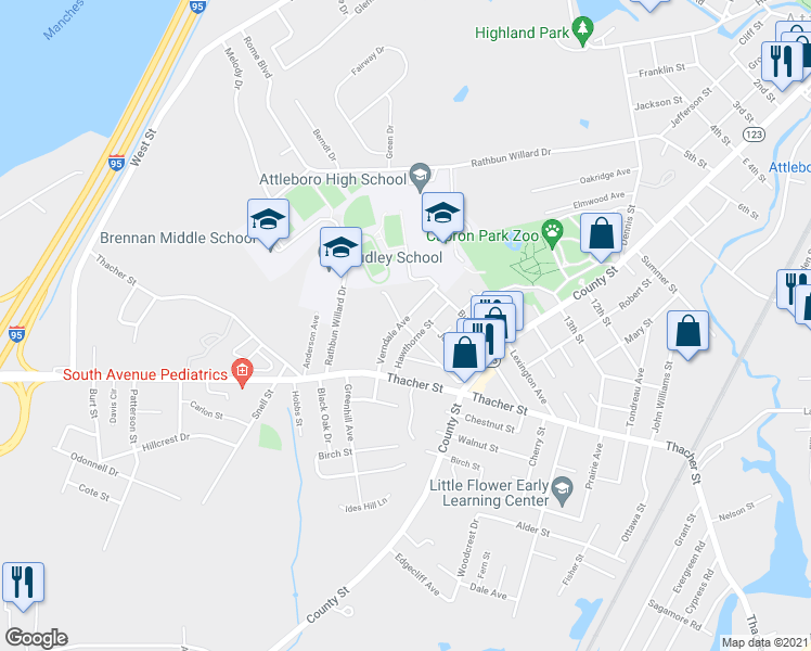 map of restaurants, bars, coffee shops, grocery stores, and more near 49 Verndale Avenue in Attleboro