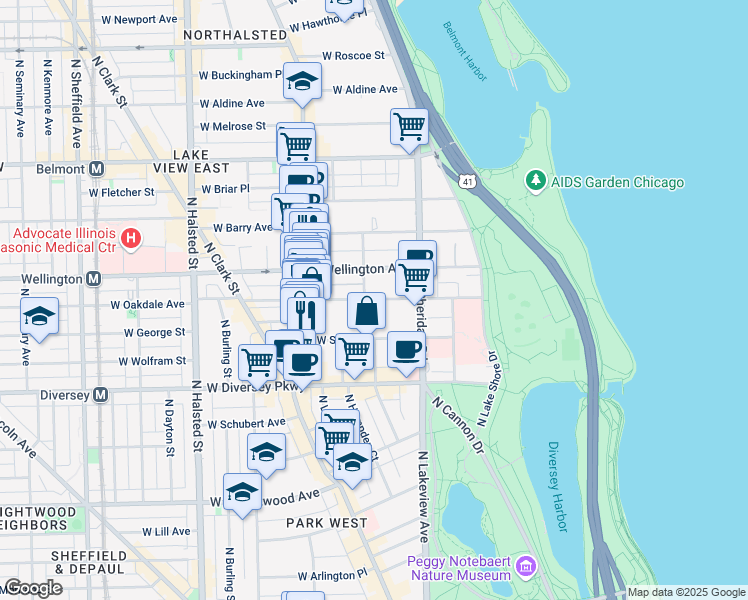 map of restaurants, bars, coffee shops, grocery stores, and more near 449 West Oakdale Avenue in Chicago