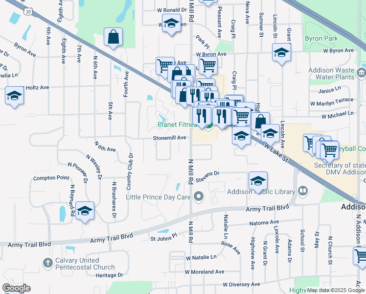 map of restaurants, bars, coffee shops, grocery stores, and more near 400-40 North Mill Road in Addison