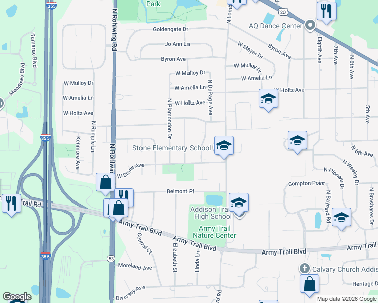 map of restaurants, bars, coffee shops, grocery stores, and more near 518 North Green Ridge Street in Addison