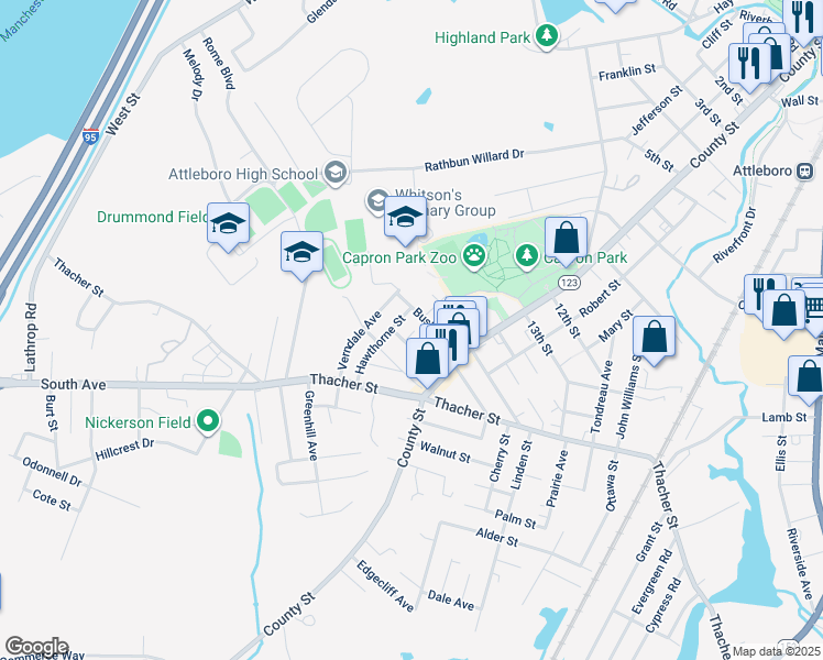 map of restaurants, bars, coffee shops, grocery stores, and more near 8 Milton in Attleboro