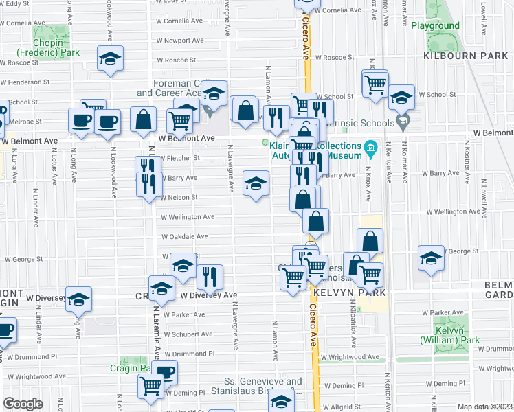 map of restaurants, bars, coffee shops, grocery stores, and more near 3020 North Lamon Avenue in Chicago