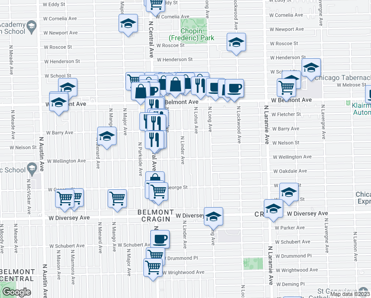 map of restaurants, bars, coffee shops, grocery stores, and more near 3019 North Linder Avenue in Chicago