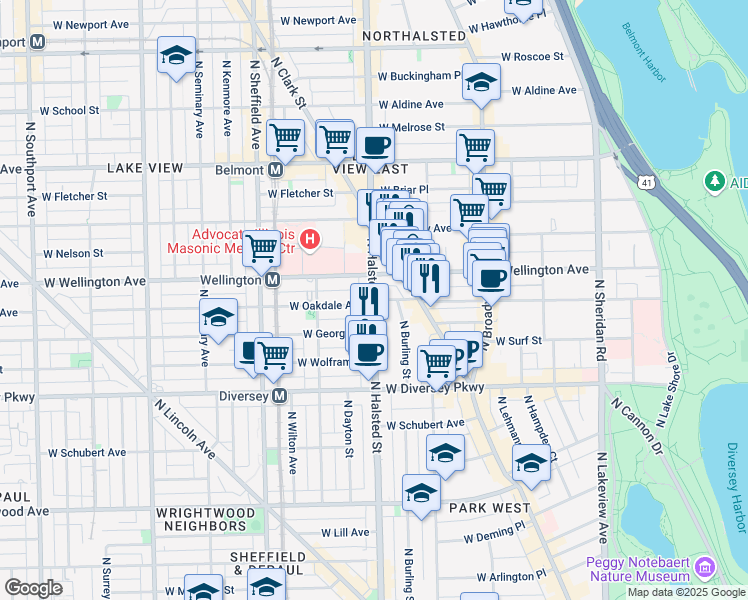 map of restaurants, bars, coffee shops, grocery stores, and more near W Oakdale Ave & N Halsted St in Chicago