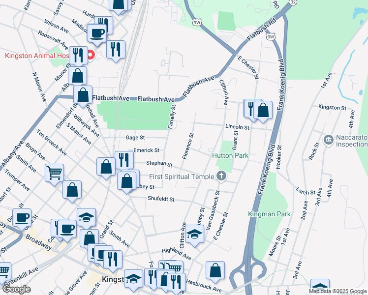 map of restaurants, bars, coffee shops, grocery stores, and more near 75 Florence Street in Kingston