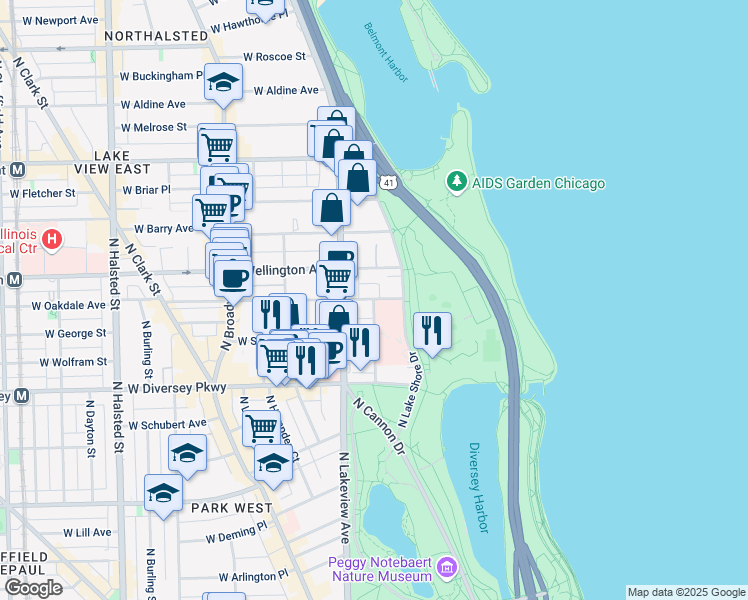 map of restaurants, bars, coffee shops, grocery stores, and more near 327 West Oakdale Avenue in Chicago