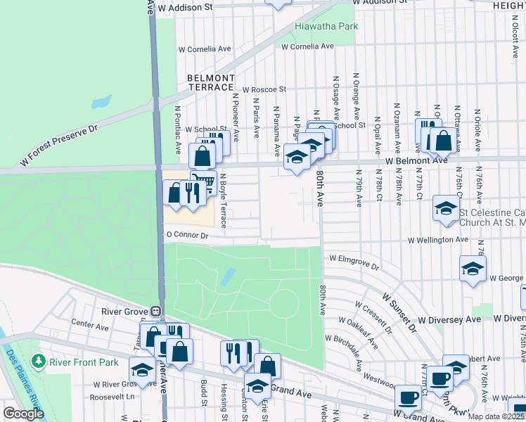 map of restaurants, bars, coffee shops, grocery stores, and more near 3033 Paris Avenue in River Grove