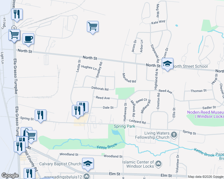 map of restaurants, bars, coffee shops, grocery stores, and more near 64 Deborah Road in Windsor Locks
