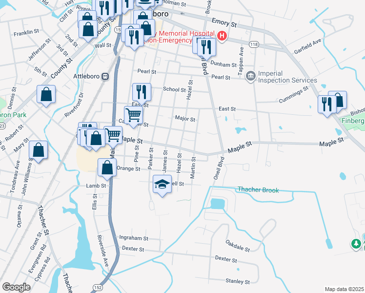 map of restaurants, bars, coffee shops, grocery stores, and more near 64 Maple Street in Attleboro