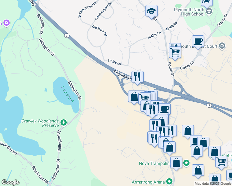 map of restaurants, bars, coffee shops, grocery stores, and more near Braley Road in Plymouth
