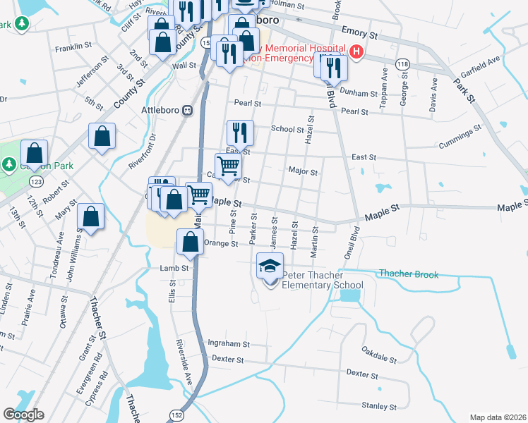 map of restaurants, bars, coffee shops, grocery stores, and more near 87 Parker Street in Attleboro