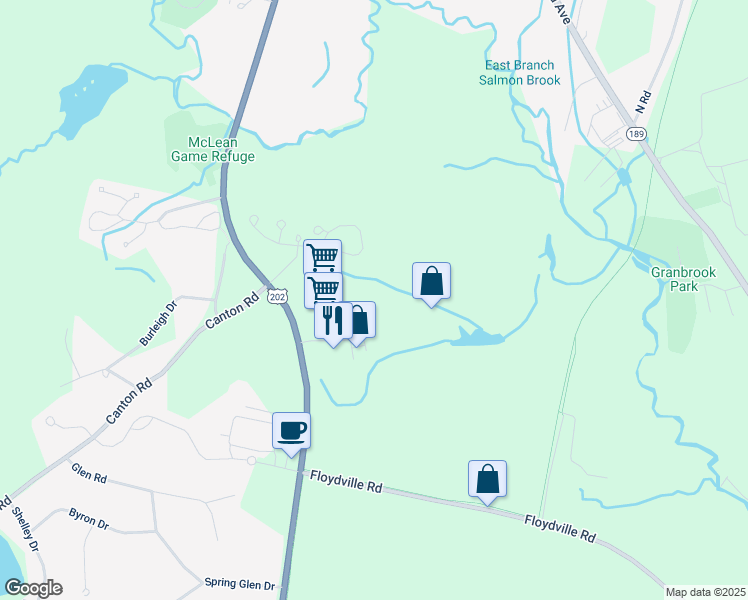 map of restaurants, bars, coffee shops, grocery stores, and more near 18 Mill Pond Drive in Granby