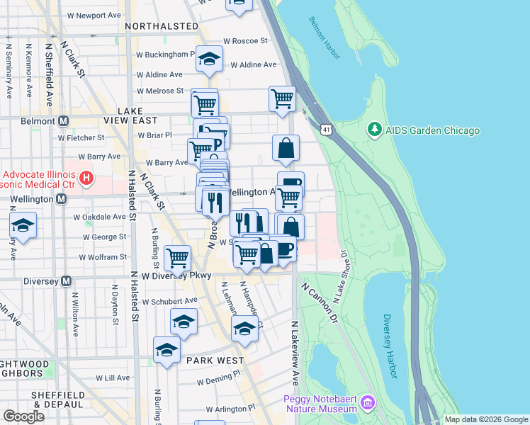 map of restaurants, bars, coffee shops, grocery stores, and more near 431 West Oakdale Avenue in Chicago