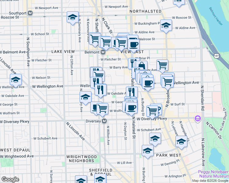 map of restaurants, bars, coffee shops, grocery stores, and more near 850 West Oakdale Avenue in Chicago