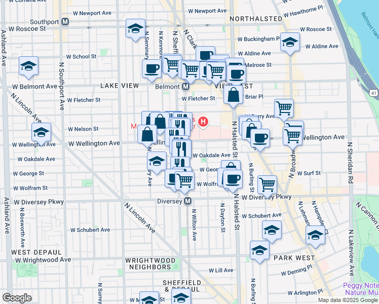 map of restaurants, bars, coffee shops, grocery stores, and more near 928c West Oakdale Avenue in Chicago