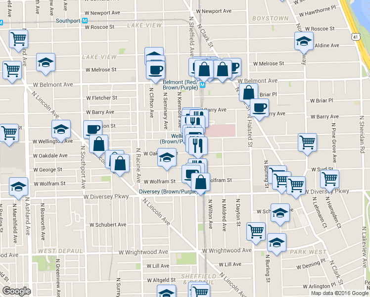 map of restaurants, bars, coffee shops, grocery stores, and more near 1040 West Oakdale Avenue in Chicago
