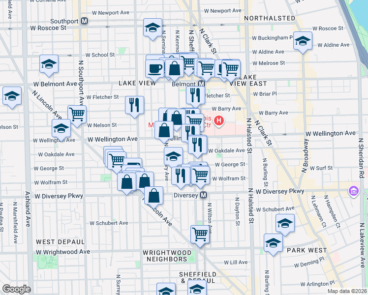map of restaurants, bars, coffee shops, grocery stores, and more near 1040 West Oakdale Avenue in Chicago