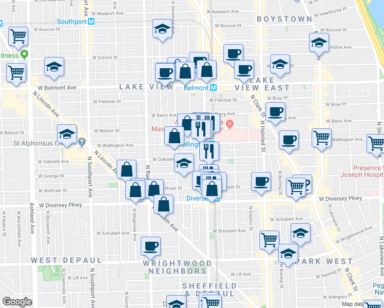map of restaurants, bars, coffee shops, grocery stores, and more near 1040 West Oakdale Avenue in Chicago