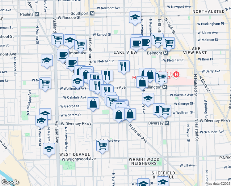 map of restaurants, bars, coffee shops, grocery stores, and more near 1228 West Oakdale Avenue in Chicago