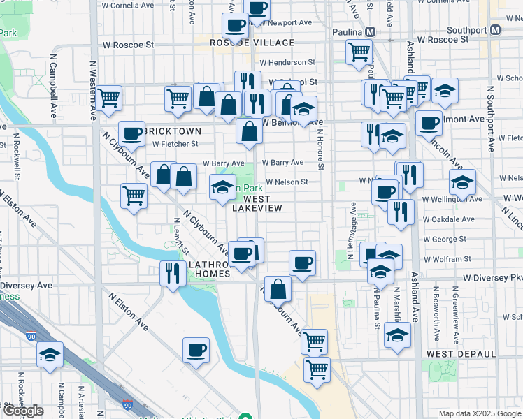 map of restaurants, bars, coffee shops, grocery stores, and more near 2945 North Damen Avenue in Chicago