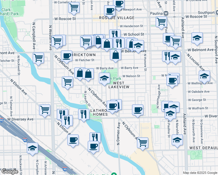 map of restaurants, bars, coffee shops, grocery stores, and more near 2950 North Seeley Avenue in Chicago