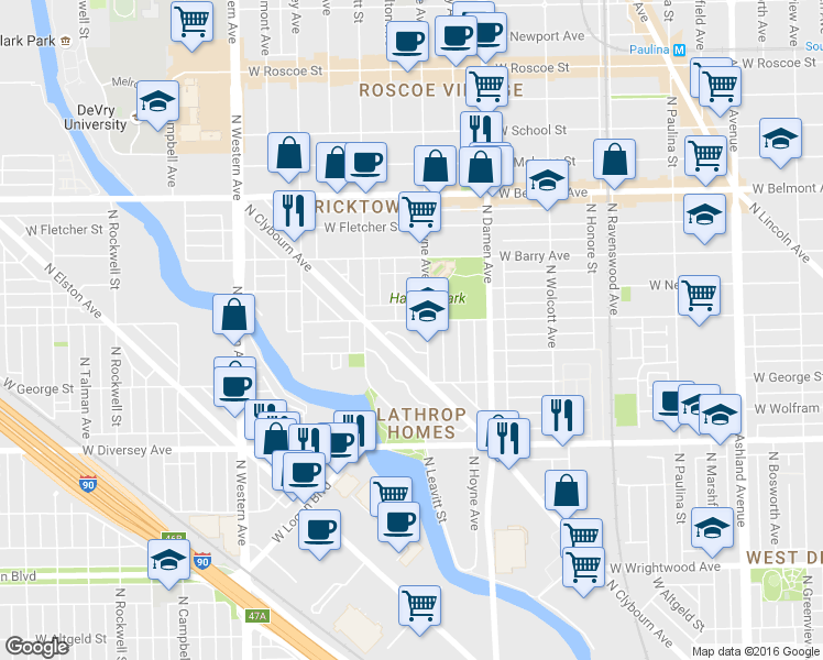 map of restaurants, bars, coffee shops, grocery stores, and more near 2948 North Hoyne Avenue in Chicago