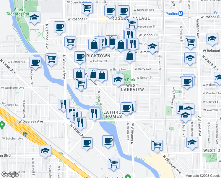 map of restaurants, bars, coffee shops, grocery stores, and more near 2948 North Hoyne Avenue in Chicago