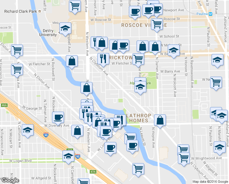 map of restaurants, bars, coffee shops, grocery stores, and more near 2225 West Wellington Avenue in Chicago