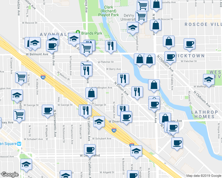 map of restaurants, bars, coffee shops, grocery stores, and more near 2950 North Talman Avenue in Chicago