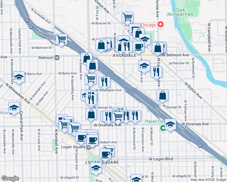 map of restaurants, bars, coffee shops, grocery stores, and more near 3021 West Wellington Avenue in Chicago