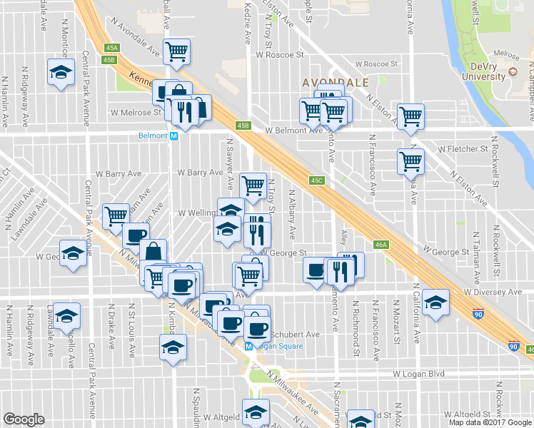map of restaurants, bars, coffee shops, grocery stores, and more near 2954 North Troy Street in Chicago