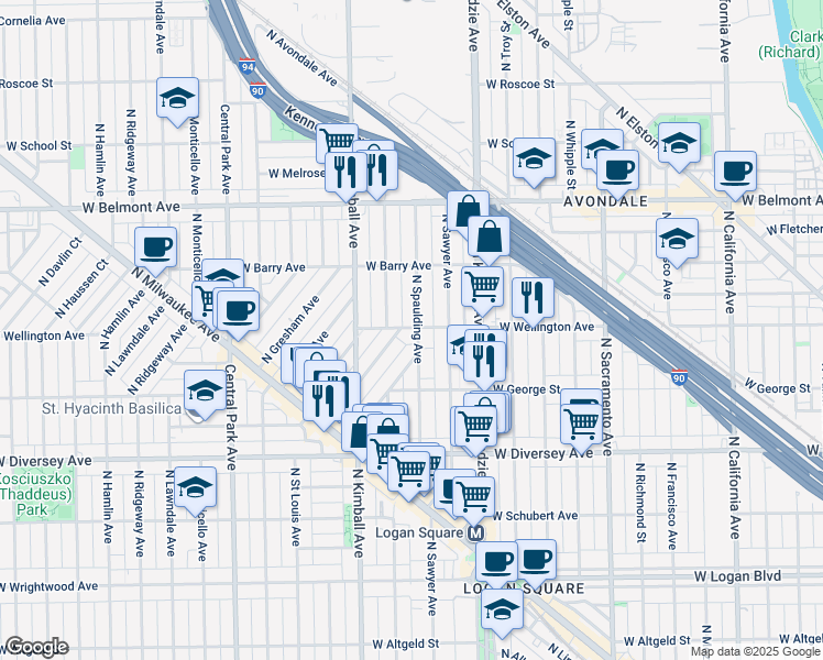 map of restaurants, bars, coffee shops, grocery stores, and more near 2955 North Spaulding Avenue in Chicago
