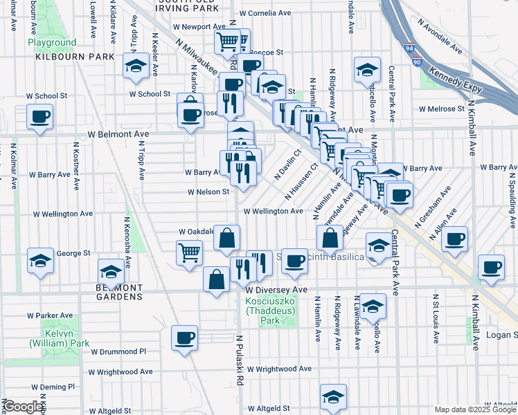 map of restaurants, bars, coffee shops, grocery stores, and more near 3928 West Wellington Avenue in Chicago