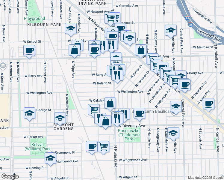 map of restaurants, bars, coffee shops, grocery stores, and more near 4008 West Wellington Avenue in Chicago