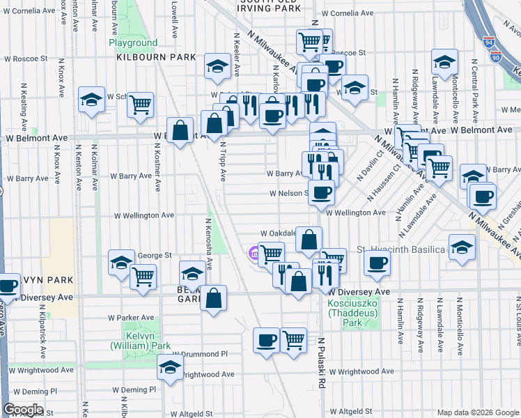 map of restaurants, bars, coffee shops, grocery stores, and more near 4124 West Wellington Avenue in Chicago