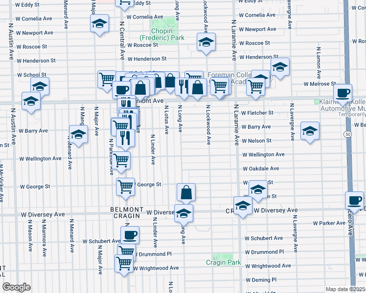 map of restaurants, bars, coffee shops, grocery stores, and more near 3016 North Long Avenue in Chicago