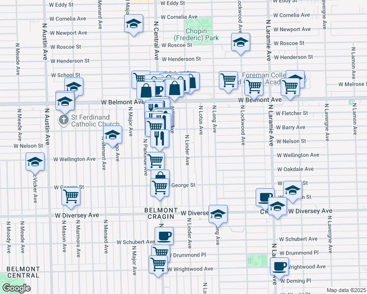 map of restaurants, bars, coffee shops, grocery stores, and more near 3017 North Luna Avenue in Chicago