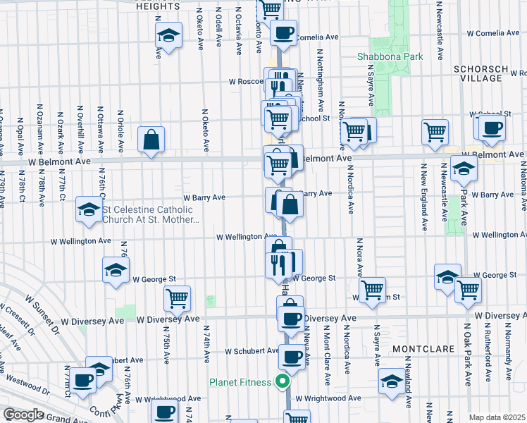map of restaurants, bars, coffee shops, grocery stores, and more near 3039 North Octavia Avenue in Chicago