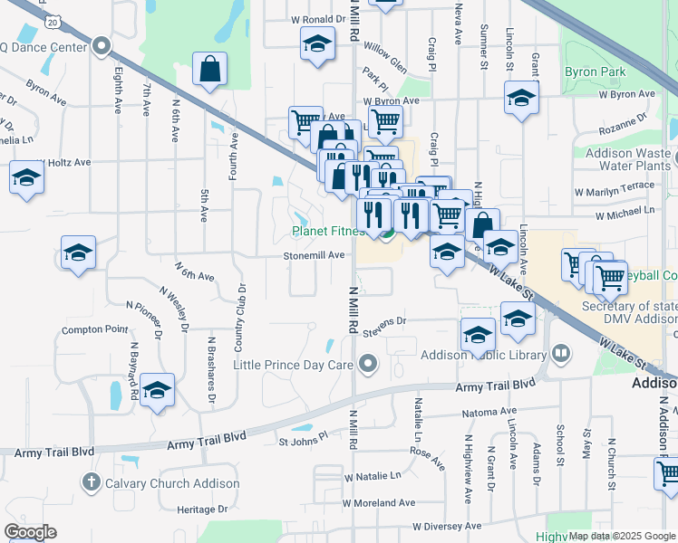 map of restaurants, bars, coffee shops, grocery stores, and more near 400-40 North Mill Road in Addison