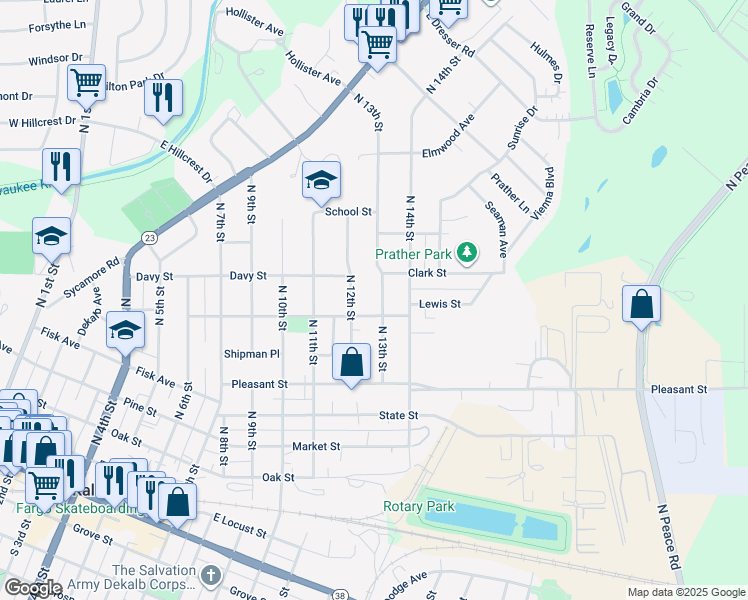 map of restaurants, bars, coffee shops, grocery stores, and more near 809 North 13th Street in DeKalb