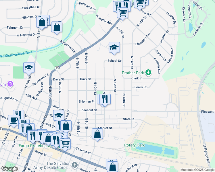 map of restaurants, bars, coffee shops, grocery stores, and more near 1029 Lewis Street in DeKalb